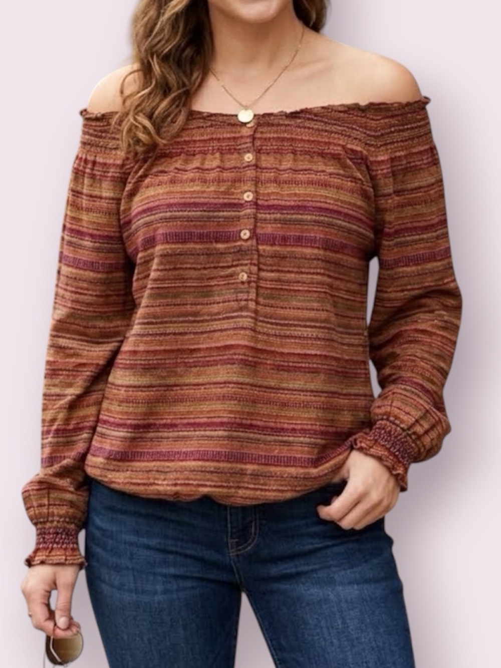 Lauren Ralph Lauren Off Shoulder Long Sleeve Top Southwestern Stripes Size Large